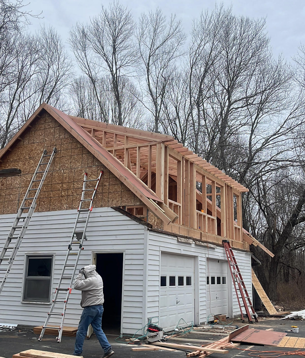 Second-story addition framing above a garage